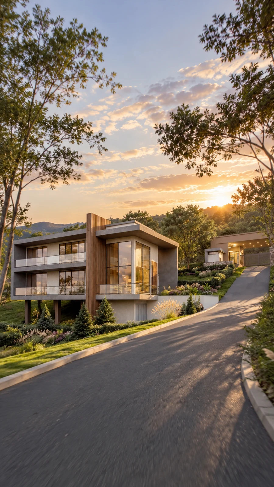 Casa contemporánea al atardecer